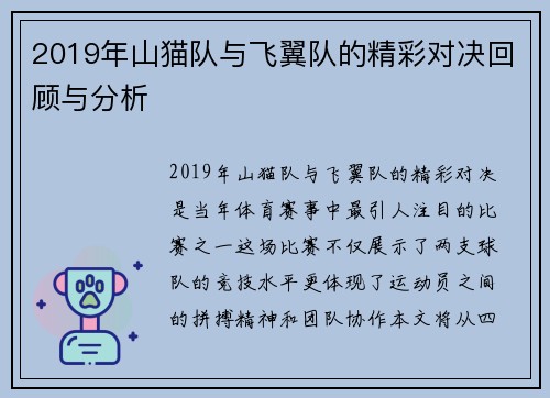 2019年山猫队与飞翼队的精彩对决回顾与分析